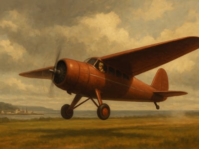 Amelia Earhart při odletu z Harbour Grace v Newfoundlandu dne 20. května 1932 k sólovému letu přes Atlantský oceán v letounu Lockheed Vega 5B.