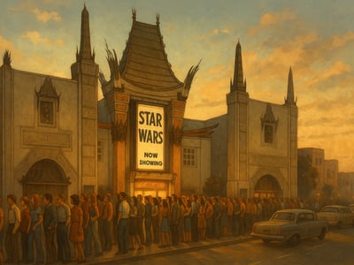 Cartel o material promocional de Star Wars con referencia a su estreno inicial en cines de Estados Unidos en 1977.