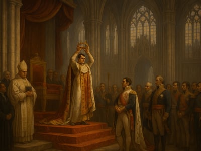 Napoleon Bonaparte při korunovaci italským králem v milánské katedrále 26. května 1805. Obřad spojil nový stát se Železnou korunou Lombardie.