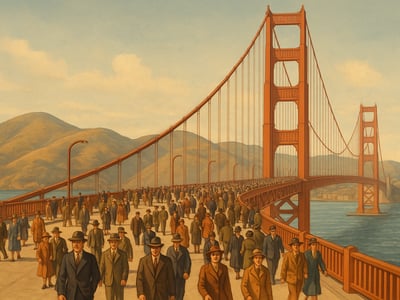 El Golden Gate Bridge une San Francisco y el condado de Marin sobre el estrecho Golden Gate durante su apertura pública de mayo de 1937.