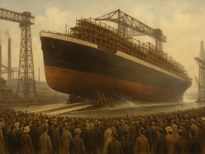 Il RMS Titanic durante il varo del 31 maggio 1911 presso i cantieri Harland and Wolff di Belfast, sul fiume Lagan.
