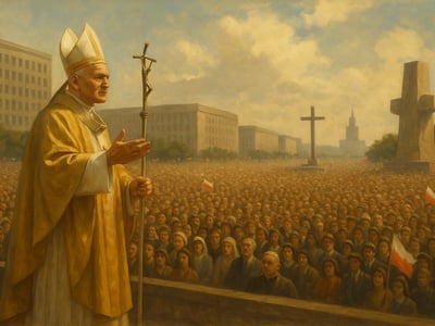 Juan Pablo II en Varsovia al inicio de su primera visita papal a Polonia, el 2 de junio de 1979, durante una gira nacional de varios días.