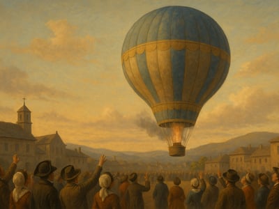 Balon bratří Montgolfierů při veřejné ukázce v Annonay ve Francii 4. června 1783. Šlo o bezpilotní plátěno-papírový stroj plněný horkým vzduchem.