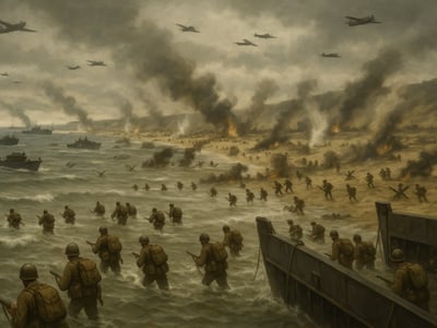 Alliierte Landungs- und Luftlandeoperationen in der Normandie am 6. Juni 1944 während des Beginns von Operation Overlord.