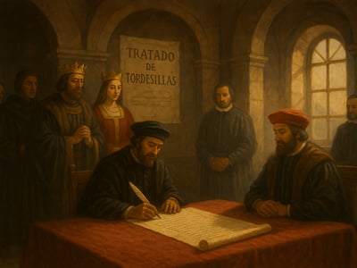 Riferimento al Trattato di Tordesillas firmato nel 1494 a Tordesillas tra le corone di Castiglia e Portogallo sulla delimitazione delle rivendicazioni oltremare.