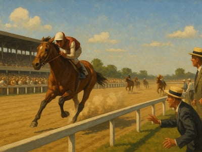 Secretariat bei den Belmont Stakes 1973 in Belmont Park, Elmont, New York. Das Rennen vollendete nach Derby und Preakness die US-Triple-Crown.