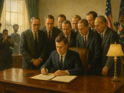 Prezident John F. Kennedy při podpisu zákona Equal Pay Act ve Washingtonu, D.C., 10. června 1963. Zákon upravil Fair Labor Standards Act.