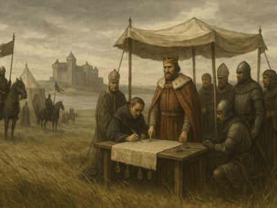 Kráľ Ján Anglický je spojený s pečatením Magny Carty v Runnymede pri Windsore 15. júna 1215 po rokovaniach s povstaleckými barónmi.