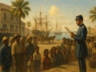 Le général Gordon Granger et l’annonce de l’Ordre général no 3 à Galveston, au Texas, le 19 juin 1865, sous autorité de l’Union.
