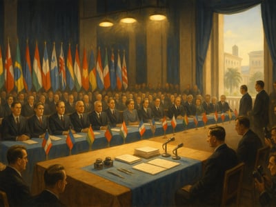 Representantes de 50 países firmaron la Carta de las Naciones Unidas en San Francisco el 26 de junio de 1945, al cierre de la conferencia internacional.