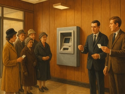 Distributeur automatique de billets installé à l'agence Barclays d'Enfield, dans le nord de Londres, lors de sa mise en service en juin 1967.