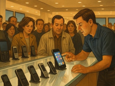 Le premier iPhone d’Apple, lancé aux États-Unis en 2007, réunissait téléphone, iPod et accès à internet dans un appareil à écran tactile.