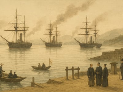 Le commodore Matthew C. Perry et une escadre américaine dans la baie d’Edo, près d’Uraga, lors de la remise demandée d’une lettre aux autorités japonaises en 1853.