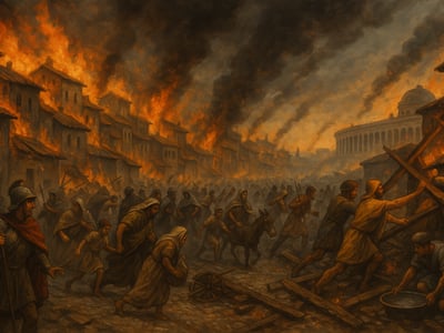 Rappresentazione dell'incendio che scoppiò a Roma il 19 luglio 64 d.C., iniziato presso le botteghe vicino al Circo Massimo e diffusosi in più quartieri.
