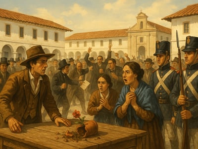 Escena asociada a los sucesos del 20 de julio de 1810 en Santafé de Bogotá, cuando un cabildo abierto y una junta alteraron la autoridad virreinal.