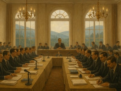 Des délégués réunis à Bretton Woods, dans le New Hampshire, lors de la conférence monétaire et financière de juillet 1944 sur les accords du FMI.
