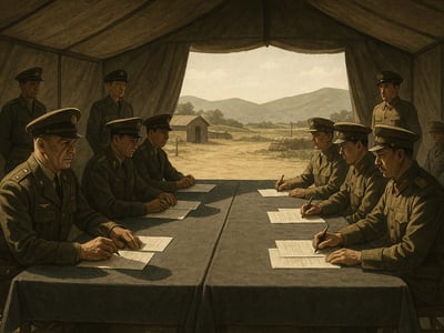Darstellung der Unterzeichnung des Koreanischen Waffenstillstandsabkommens in Panmunjom am 27. Juli 1953 durch Militärvertreter der Konfliktparteien.