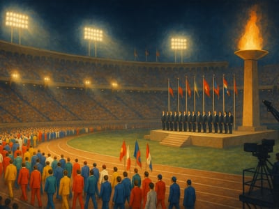 Ceremonia de apertura de los Juegos Olímpicos de Verano de 1984 en el Los Angeles Memorial Coliseum, inicio oficial de los Juegos en la ciudad anfitriona.