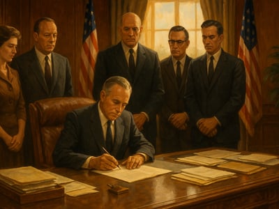 Referencia a la creación de la NASA en Washington, D.C., tras la firma de la National Aeronautics and Space Act por Dwight D. Eisenhower en 1958.