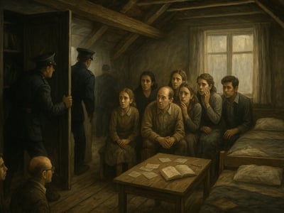 Anne Frank e altre sette persone ebree nascoste nell'Alloggio Segreto di Prinsengracht 263 ad Amsterdam, scoperti il 4 agosto 1944.