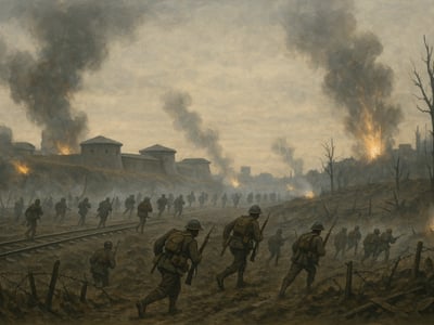 Německý útok na opevněné město Lutych ve východní Belgii v srpnu 1914. Boje se týkaly prstence pevností bránících přístupové trasy.