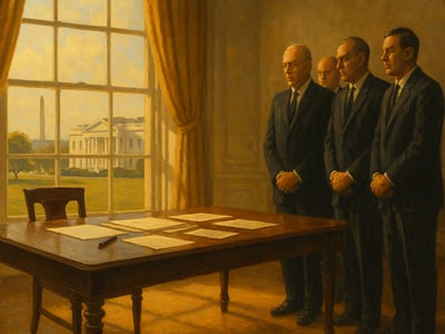 President Lyndon B. Johnson signs the Voting Rights Act at the White House in Washington, D.C., on August 6, 1965.