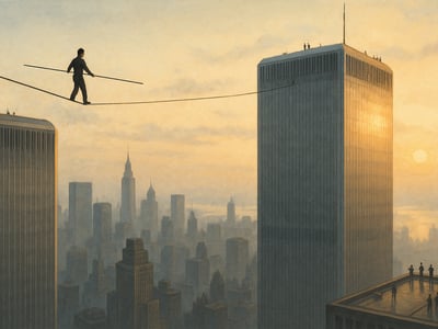 Philippe Petit lors de sa traversée sur fil entre les tours nord et sud du World Trade Center à New York, le 7 août 1974.