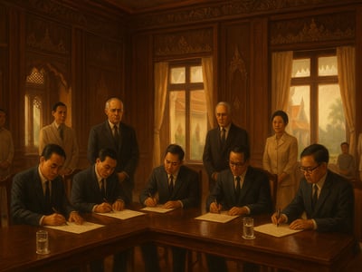 Podpis Bangkokskej deklarácie v Bangkoku 8. augusta 1967, ktorou päť štátov juhovýchodnej Ázie založilo ASEAN.