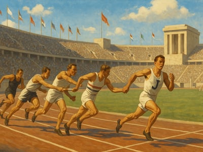 Jesse Owens cruza la meta como último relevo del equipo masculino de 4×100 metros de Estados Unidos en los Juegos de Berlín de 1936.