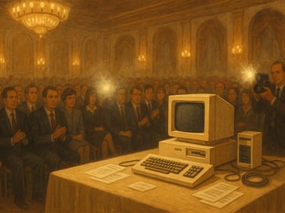 Presentación del IBM Personal Computer 5150 por IBM en Nueva York el 12 de agosto de 1981. El anuncio marcó la entrada formal de IBM en el mercado del ordenador personal.