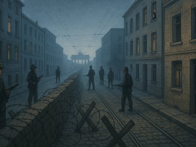 Uzavření hranice mezi Východním a Západním Berlínem 13. srpna 1961, kdy východoněmecké síly rozmístily ostnatý drát a zátarasy.