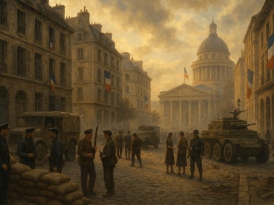 Historical scene related to the liberation of Paris in August 1944, when French and Allied forces entered the city and German forces surrendered.