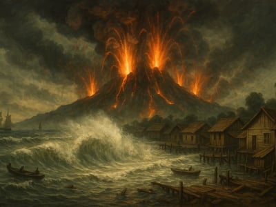 Il vulcano Krakatoa nello stretto della Sonda, tra Giava e Sumatra, durante l'eruzione del 27 agosto 1883.