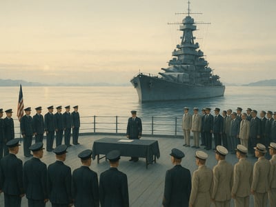 Representatives of Japan and the Allies at the formal surrender ceremony aboard USS Missouri in Tokyo Bay on 2 September 1945.