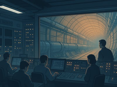 Zariadenia CERN spojené s prvým obehom protónového zväzku v urýchľovači Large Hadron Collider pri Ženeve 10. septembra 2008.