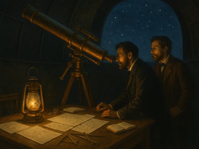 Johann Gottfried Galle a Heinrich d'Arrest pri pozorovaní Neptúna v Berlínskej hvezdárni 23. septembra 1846 podľa výpočtov Urbaina Le Verriera.