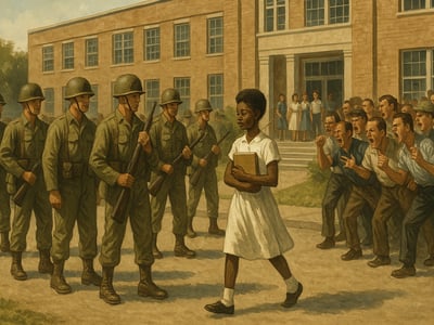 Studenti známí jako Little Rock Nine a federální zásah kolem Central High School v Little Rocku v září 1957.