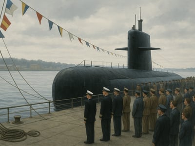 El USS Nautilus, submarino de propulsión nuclear de la Marina de Estados Unidos, durante su entrada en servicio en Groton, Connecticut, en 1954.