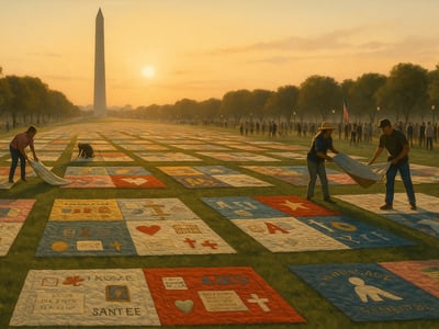 Paneles del NAMES Project AIDS Memorial Quilt expuestos en el National Mall de Washington, D.C., en octubre de 1987, con nombres de personas fallecidas por causas relacionadas con el sida.