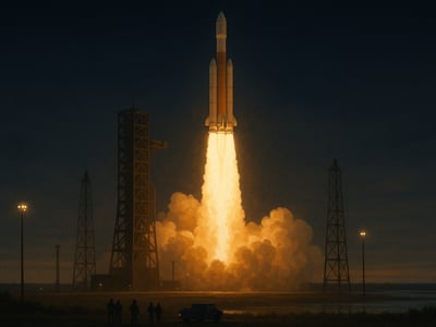 La sonda Cassini-Huygens en el contexto de su lanzamiento desde Cabo Cañaveral rumbo al sistema de Saturno el 15 de octubre de 1997.