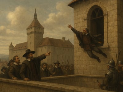 Pražský hrad v Prahe, kde 23. mája 1618 českí protestantskí šľachtici vyhodili z okna dvoch cisárskych miestodržiteľov a ich tajomníka.