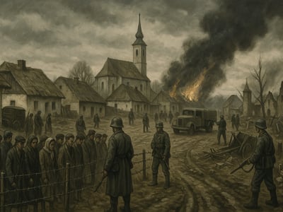 Lidice u Kladna po německé odvetě z 10. června 1942, kdy byla obec vyklizena a postupně fyzicky zničena.