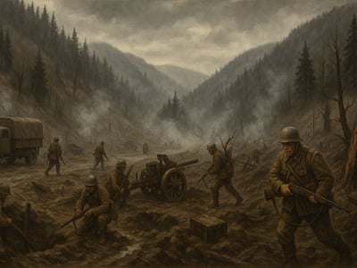 Fuerzas soviéticas y checoslovacas combaten en el sector del paso de Dukla, en la frontera entre Polonia y el noreste de Eslovaquia, en septiembre de 1944.