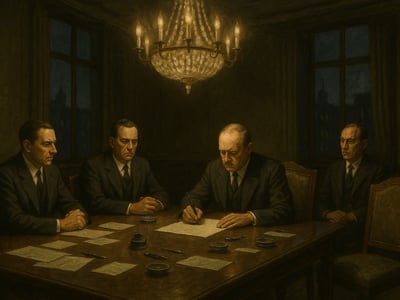 Representantes de Alemania, Italia, el Reino Unido y Francia en torno al Acuerdo de Múnich de 1938, negociado sin participación checoslovaca.