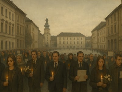 Concentración pública en Bratislava tras el tiroteo frente al bar Tepláreň, con una marcha hacia Námestie SNP el 14 de octubre de 2022.