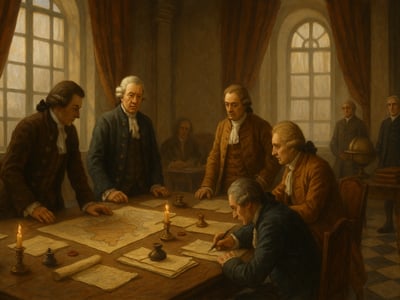 Representación relacionada con el Tratado de Aquisgrán, firmado en Aquisgrán en 1748 para poner fin a la Guerra de Sucesión Austriaca.